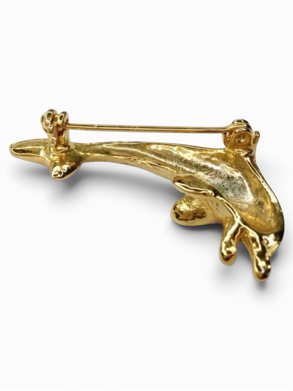 Vintage Gold‑Tone Dolphin Brooch – Green Rhinestone Eye - Playful & Coastal - Picture 8 of 9